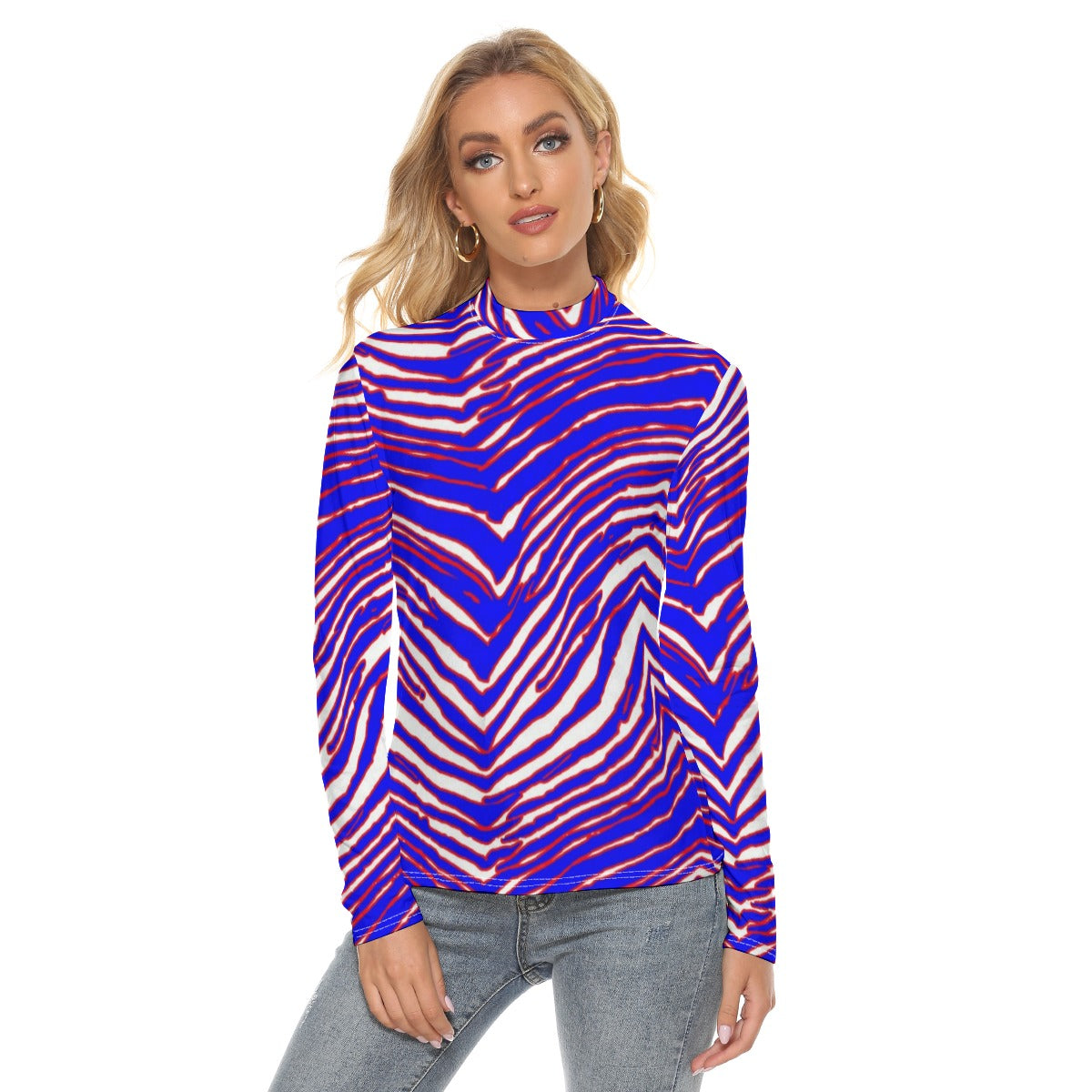 Buffalo Football Women’s Stretchable Turtleneck Top – Red, Blue  White Zebra Game Day Style