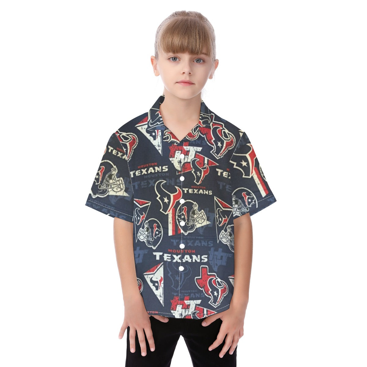 Houston Texans  Kid's Hawaiian Vacation Shirt navy red football back view game day look