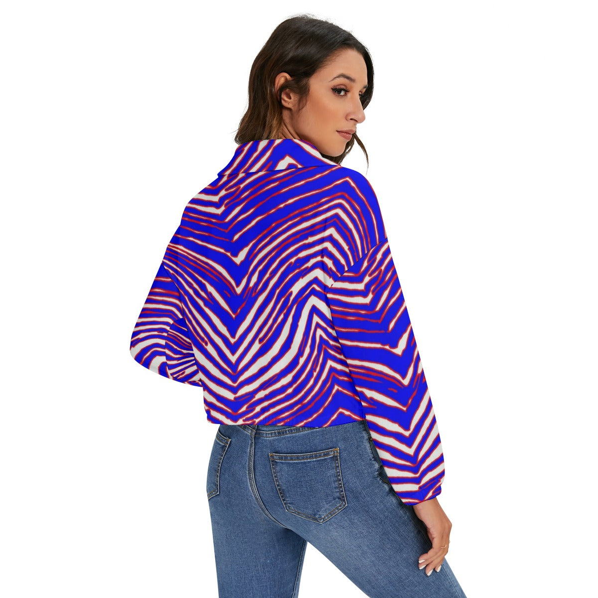 Buffalo Football Women’s Zip Jacket – Red, Blue White Zebra Game Day Style – football shirt, lightweight game day shirt, image 1.0