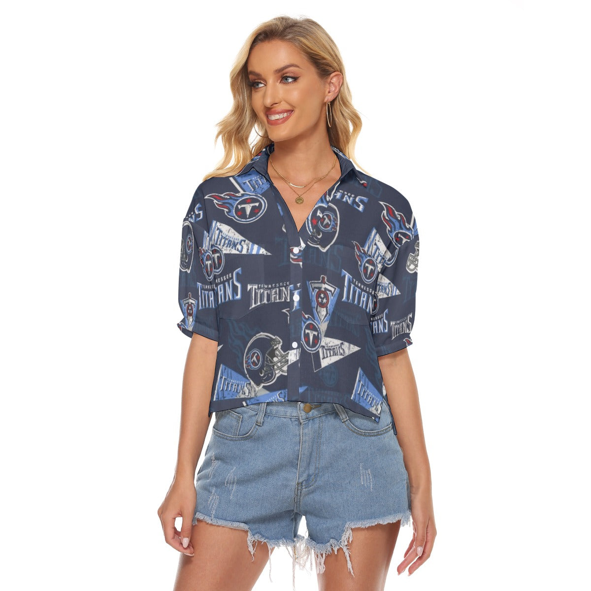 Tennessee Titans Women's V-neck Shirts navy light blue football back view game day look