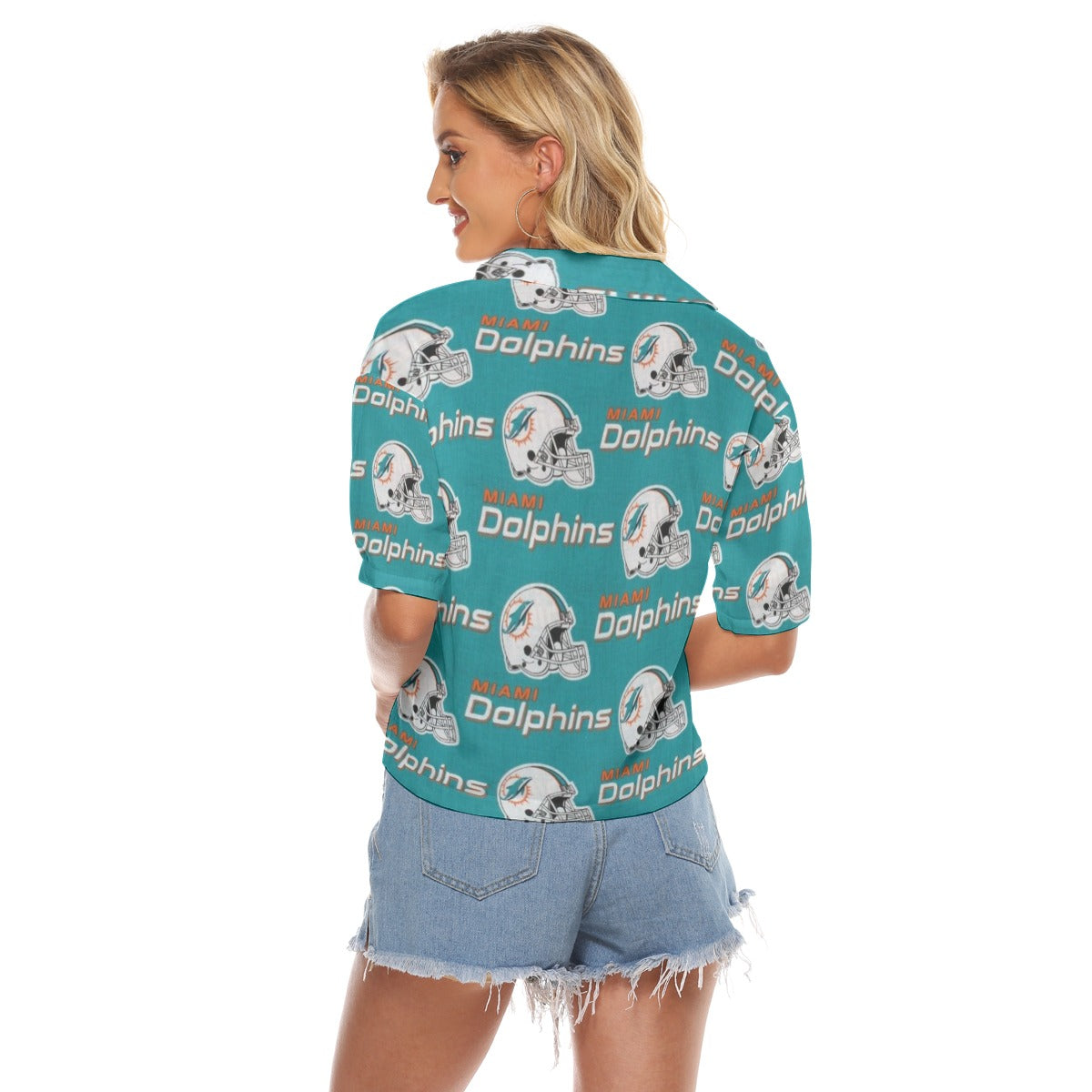 miami-dolphins-womens-v-neck-shirts aqua orange football outfit side view