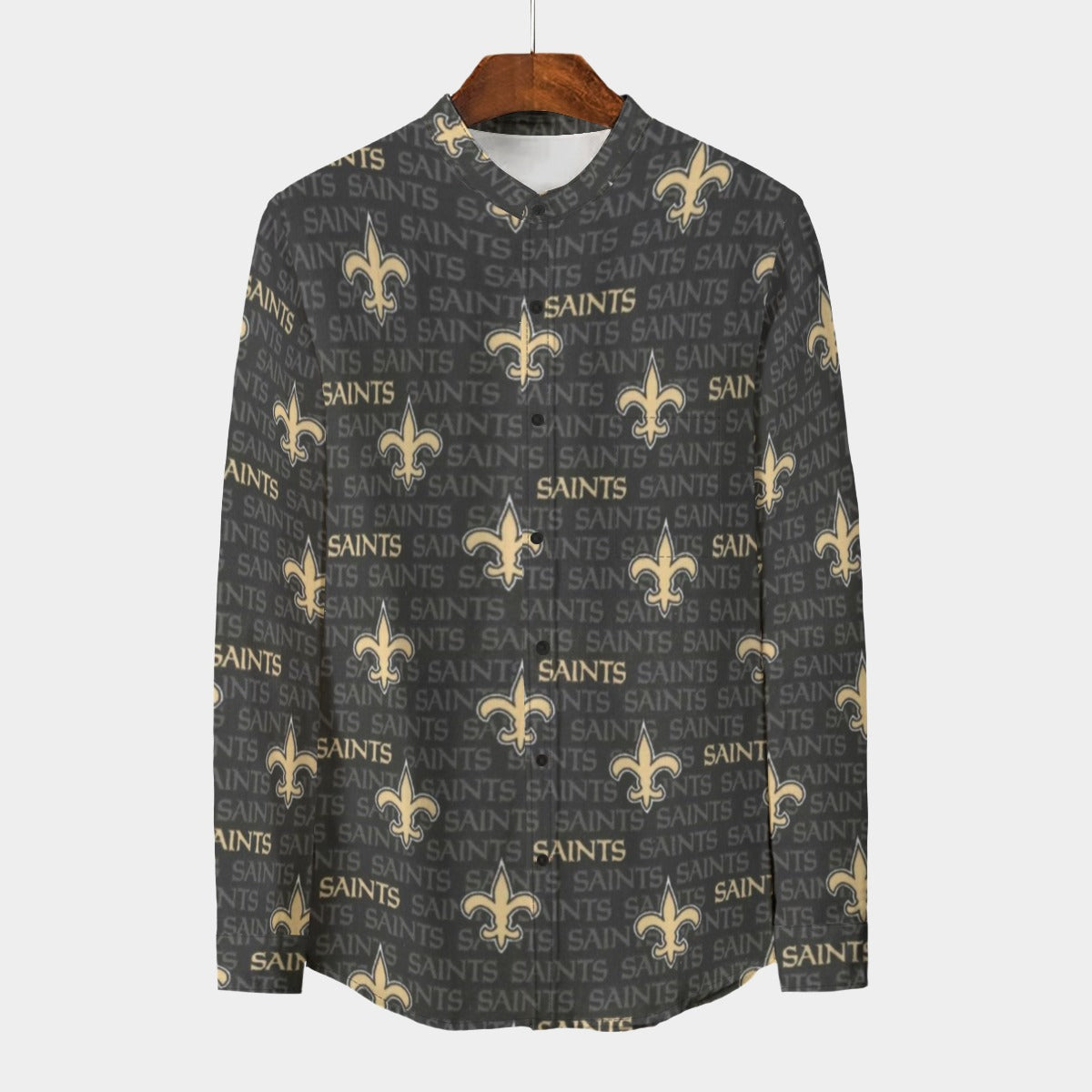 New Orleans Saints Men's Stand Collar Shirt With Long Sleeve|110GSM Imitation Flax black gold football back view streetwear style