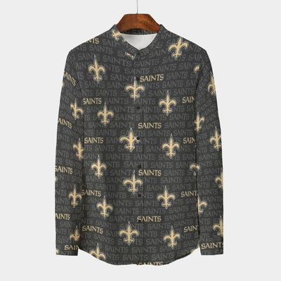 New Orleans Saints Men's Stand Collar Shirt With Long Sleeve|110GSM Imitation Flax black gold football back view streetwear style