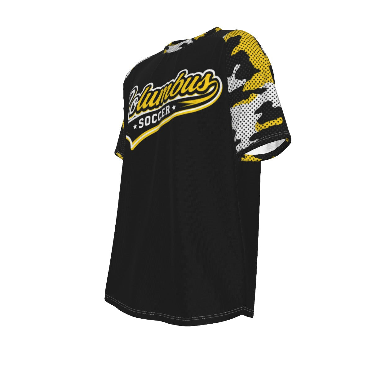 Black Columbus Soccer Black and Yellow Camouflage Sleeve Shirt – Retro Street Soccer Style Tee