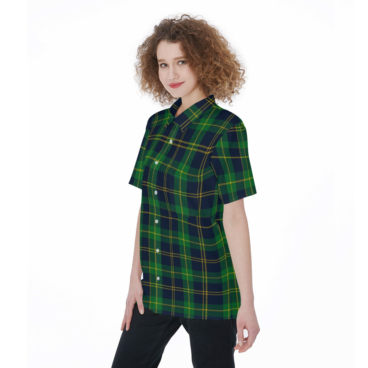 Notre Dame Fighting Irish Green Navy Gold Plaid Womens Short Sleeve Shirt With Pocket 8 green navy gold plaid women fashion apparel
