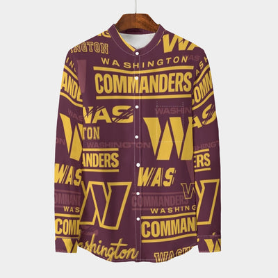 Washington Commanders Men's Stand Collar Shirt With Long Sleeve|110GSM Imitation Flax burgundy gold football outfit back view