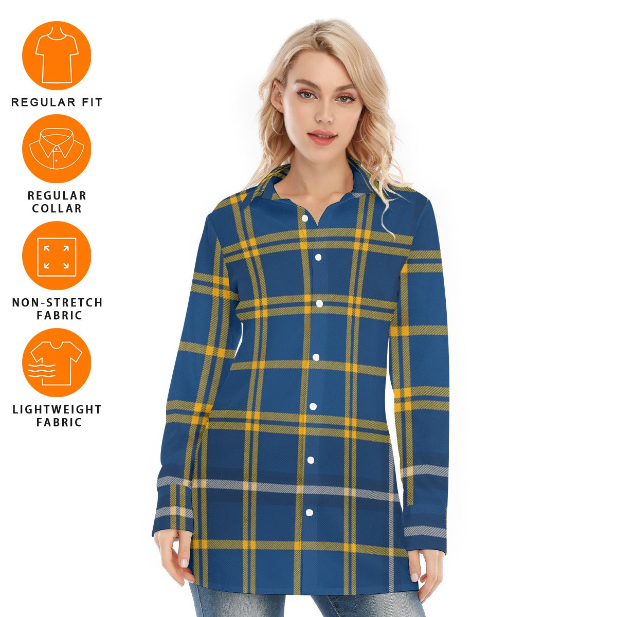 West Virginia Mountaineers Tartan Plaid Blue Gold Women's Long Shirt streetwear fashion product image 6