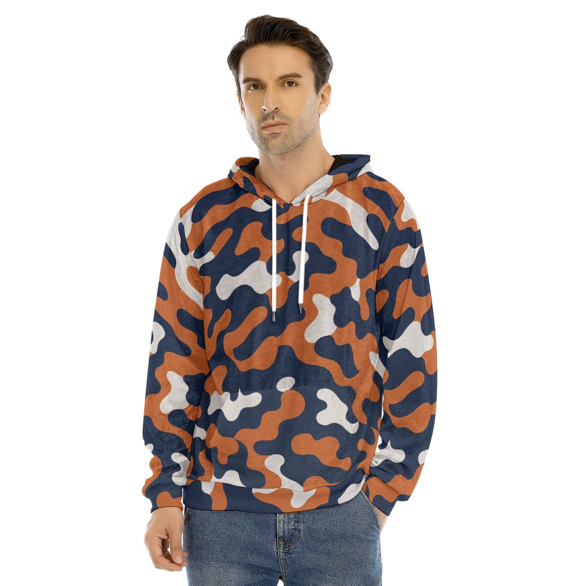 Chicago Football Camo Hoodie for Men – Navy Orange Game Day Pullover Sweatshirt | Velvet – game day outfit, casual fan outfit, image 1.0
