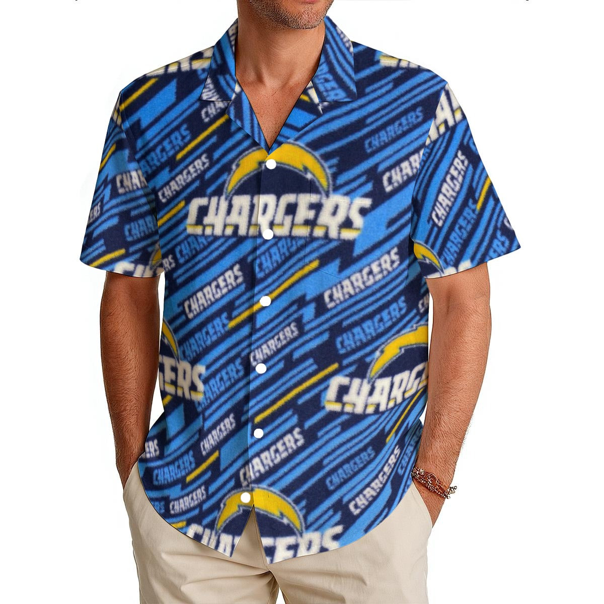Los Angeles Chargers Men's Hawaiian Shirt|150GSM powder blue yellow football back view game day look