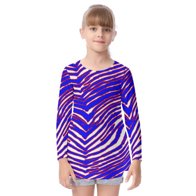 Buffalo Football Kid's Long Sleeve O-neck T-shirt – Red Blue White Zebra Game Day Style – casual fan outfit, lightweight game day shirt, image 1.0