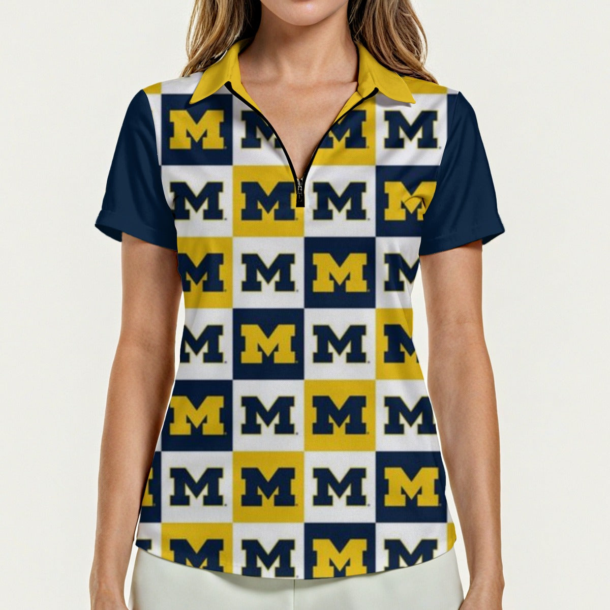 Michigan - Wolverines Women's Zip Polo Shirt With Short Sleeve White varsity sports apparel