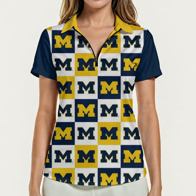 Michigan - Wolverines Women's Zip Polo Shirt With Short Sleeve White varsity sports apparel
