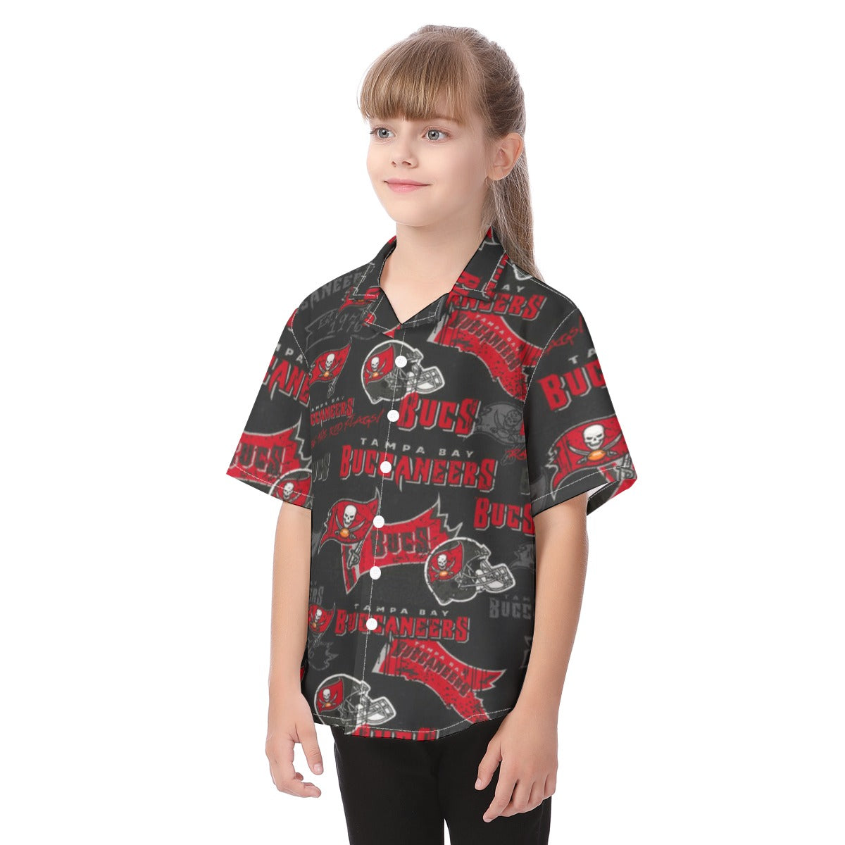 tampa-bay-buccaneers-kids-hawaiian-vacation-shirt red pewter football outfit fabric close-up