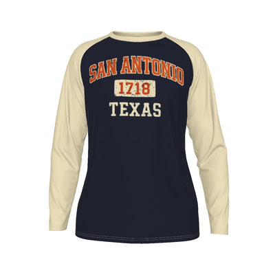 San Antonio Texas 1718 Navy Blue and Cream Long Sleeve Shirt Men Orange Varsity Raglan Tee – nfl fan apparel, breathable comfort wear, image 1.0