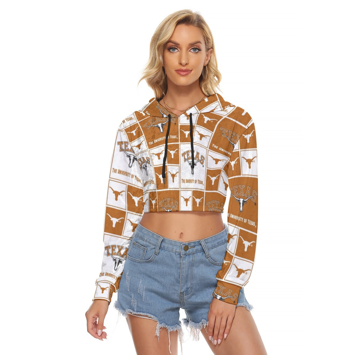Texas at Austin - Longhorns Women's Crop Top Hoodie|Velvet – lightweight game day shirt, football shirt, image 1.0
