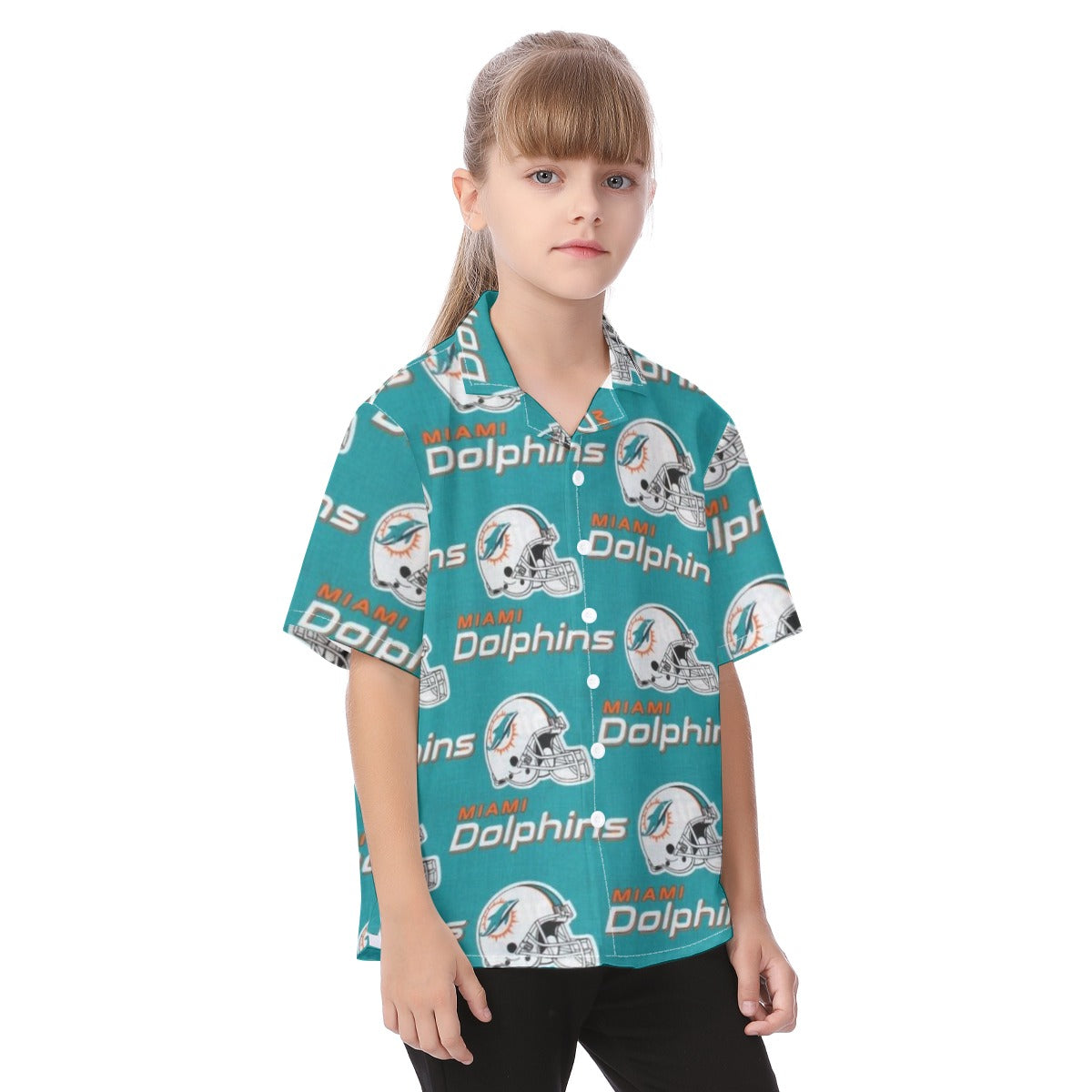 miami-dolphins-kids-hawaiian-vacation-shirt aqua orange football outfit detail