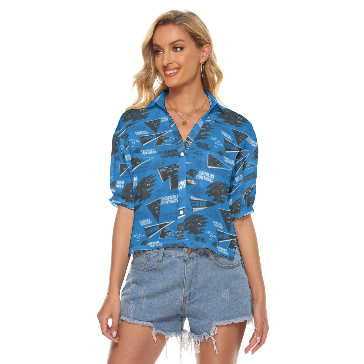 Carolina Panthers Women's V-neck Shirts black blue football back view game day look