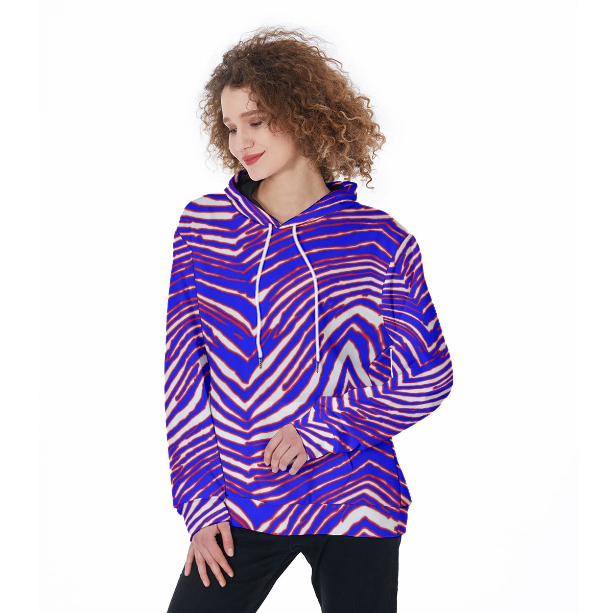 Women Zebra Game Day Hoodie – Red, Blue White Retro Football Style
