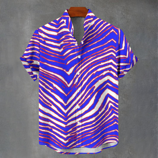 Buffalo football Men's Stand Collar Shirt|110GSM Imitation Flax – Red Blue White Zebra Game Day Style