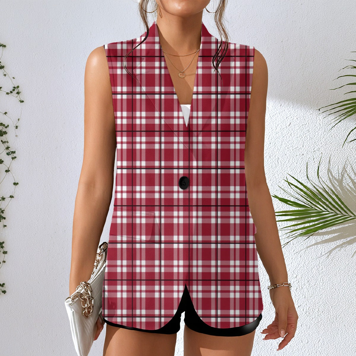 Alabama Crimson Tide Tartan Plaid Crimson White Women's Sleeveless Blazer-Style Vest