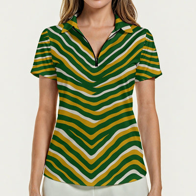 Green Bay Football Yellow Green Women’s Zip Polo Shirt Short Sleeve – Game Day Streetwear – casual fan outfit, lightweight game day shirt, image 1.0