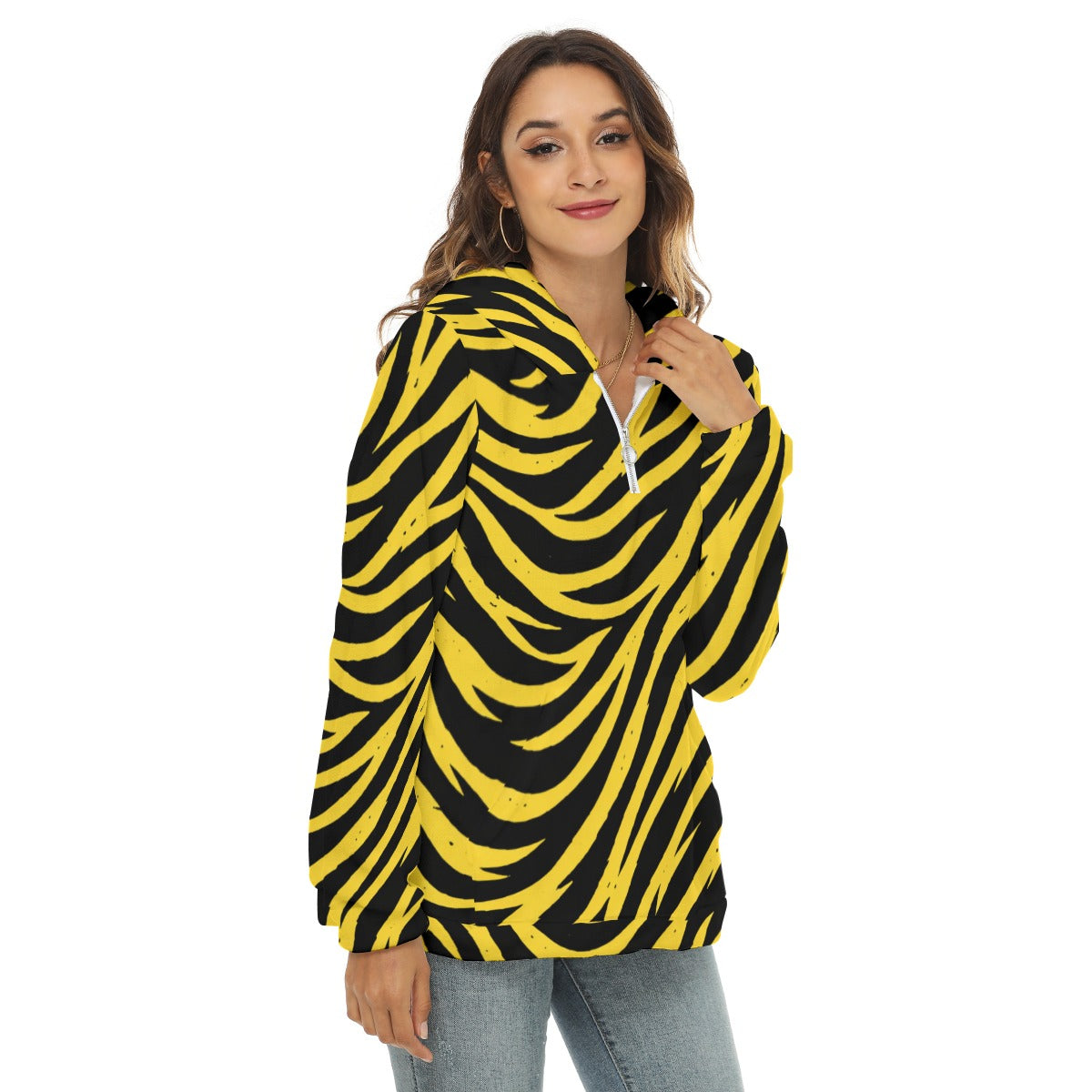 White Smoke Pittsburgh Football Yellow Black Zebra Women’s Borg Fleece Half Zip Hoodie – Game Day Streetwear
