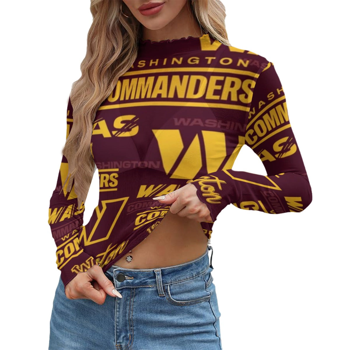 Washington Commanders Women's Mesh T-shirt burgundy gold football outfit back view