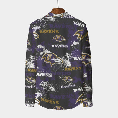 baltimore-ravens-mens-stand-collar-shirt-with-long-sleeve-110gsm-imitation-flax purple black football outfit detail