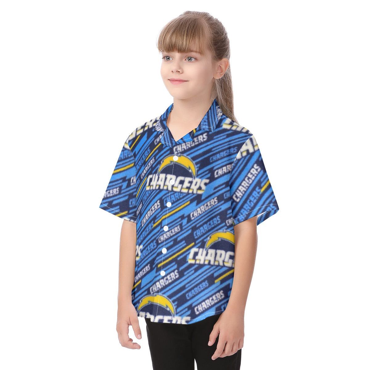 los-angeles-chargers-kids-hawaiian-vacation-shirt powder blue yellow football side view beach style