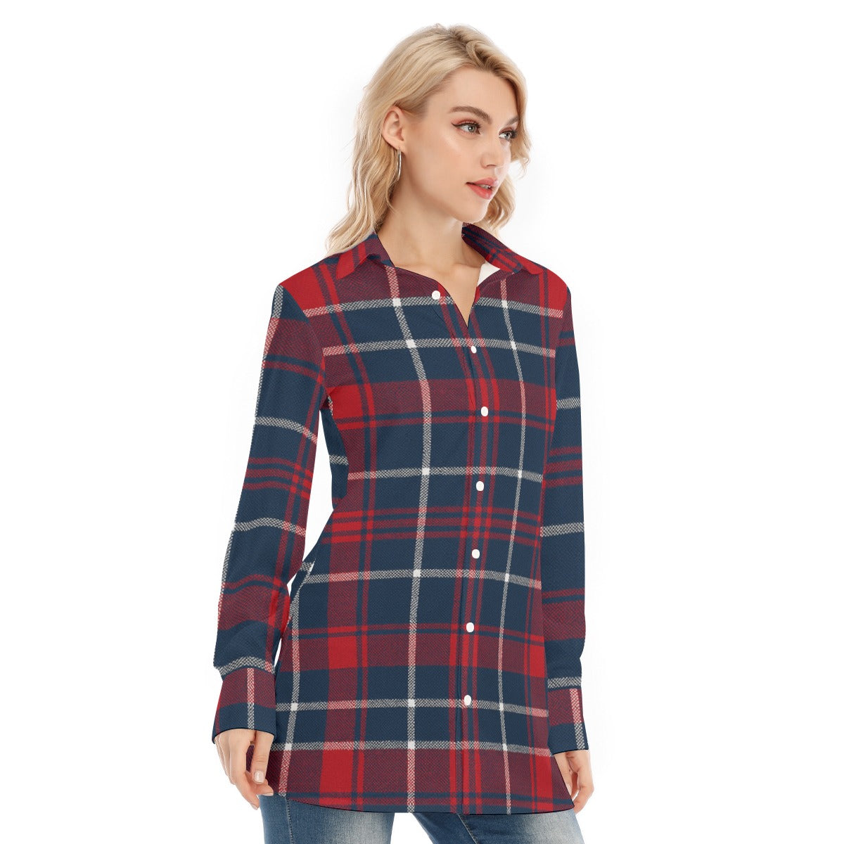 Arizona Wildcats Tartan Plaid Navy Red Women's Long Shirt |115GSM Cotton poplin streetwear fashion product image 3