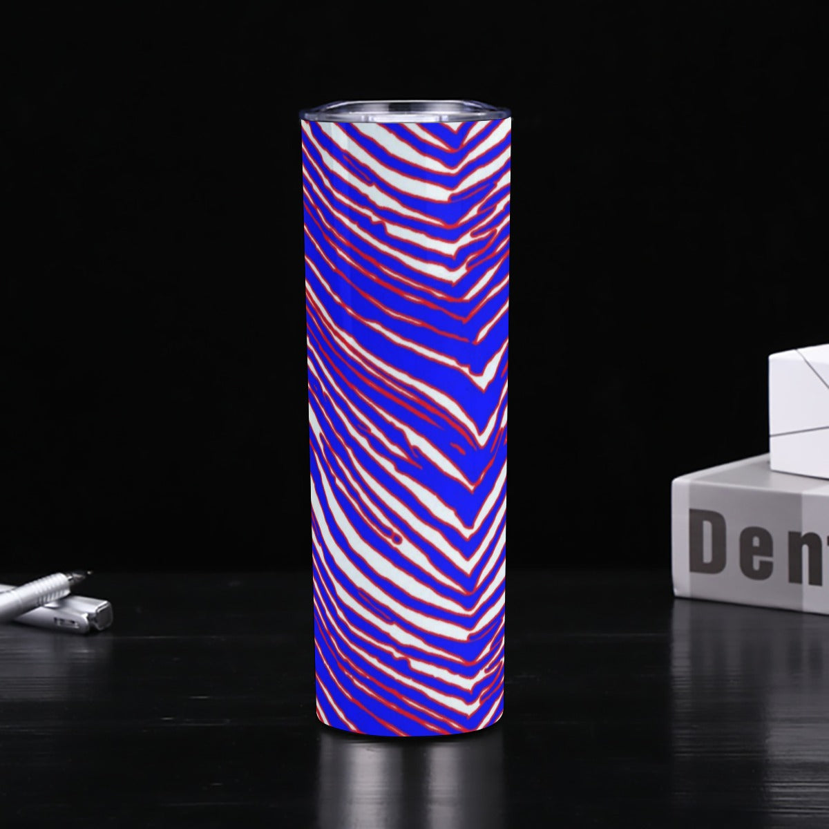 Black Skinny Tumbler Stainless Steel with Lids 30OZ – Red Blue White Zebra Game Day Style