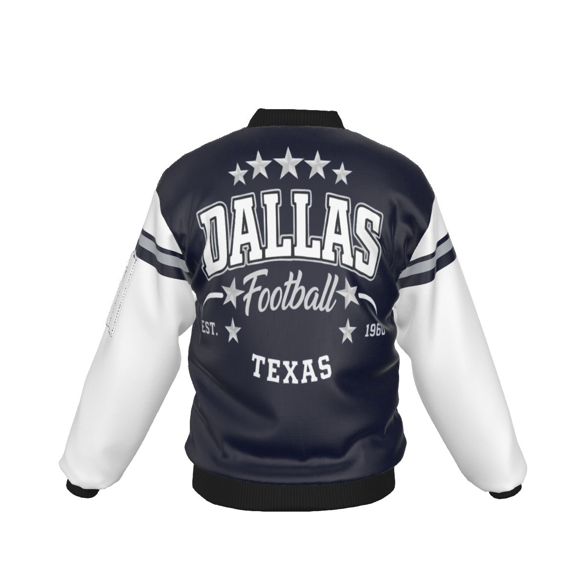 Navy and white varsity jacket with 'Dallas Football Texas' text on a white background