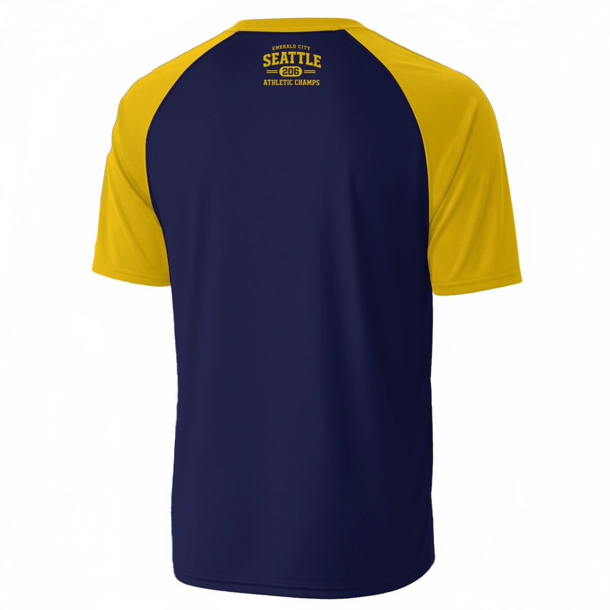 White Smoke Seattle Emerald City 206 Athletic Champs Navy Blue Yellow T-Shirt – Pacific Northwest Varsity tee