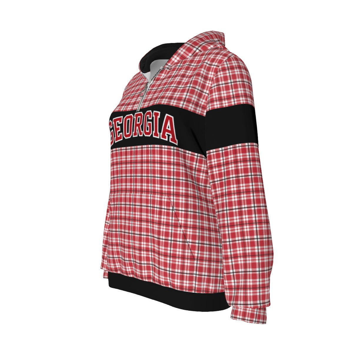 White Smoke Georgia Varsity tartan plaid Women's Borg Fleece Hoodie Red and Black