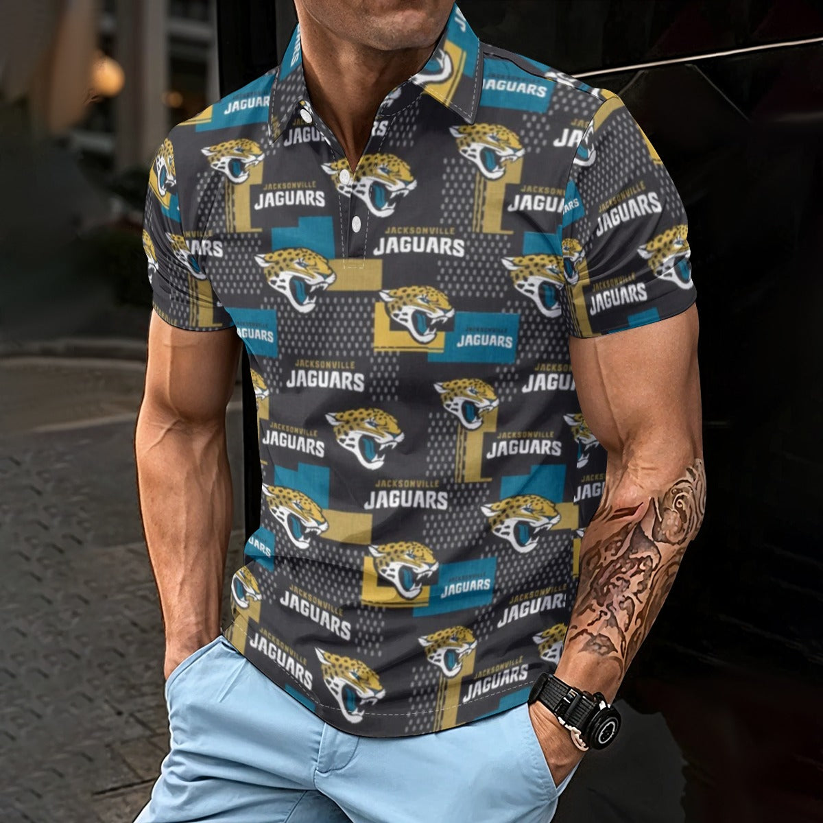 Jacksonville Jaguars Men's Polo Shirt teal black football back view game day look