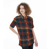 Woman wearing a plaid shirt on a white background