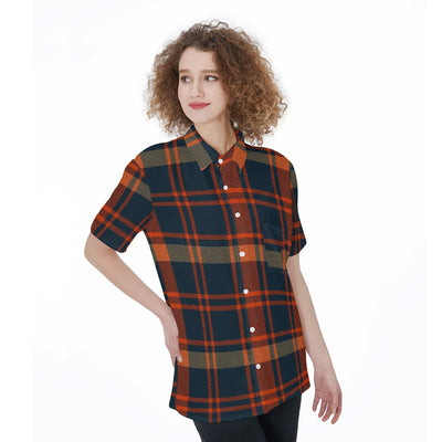Woman wearing a plaid shirt on a white background