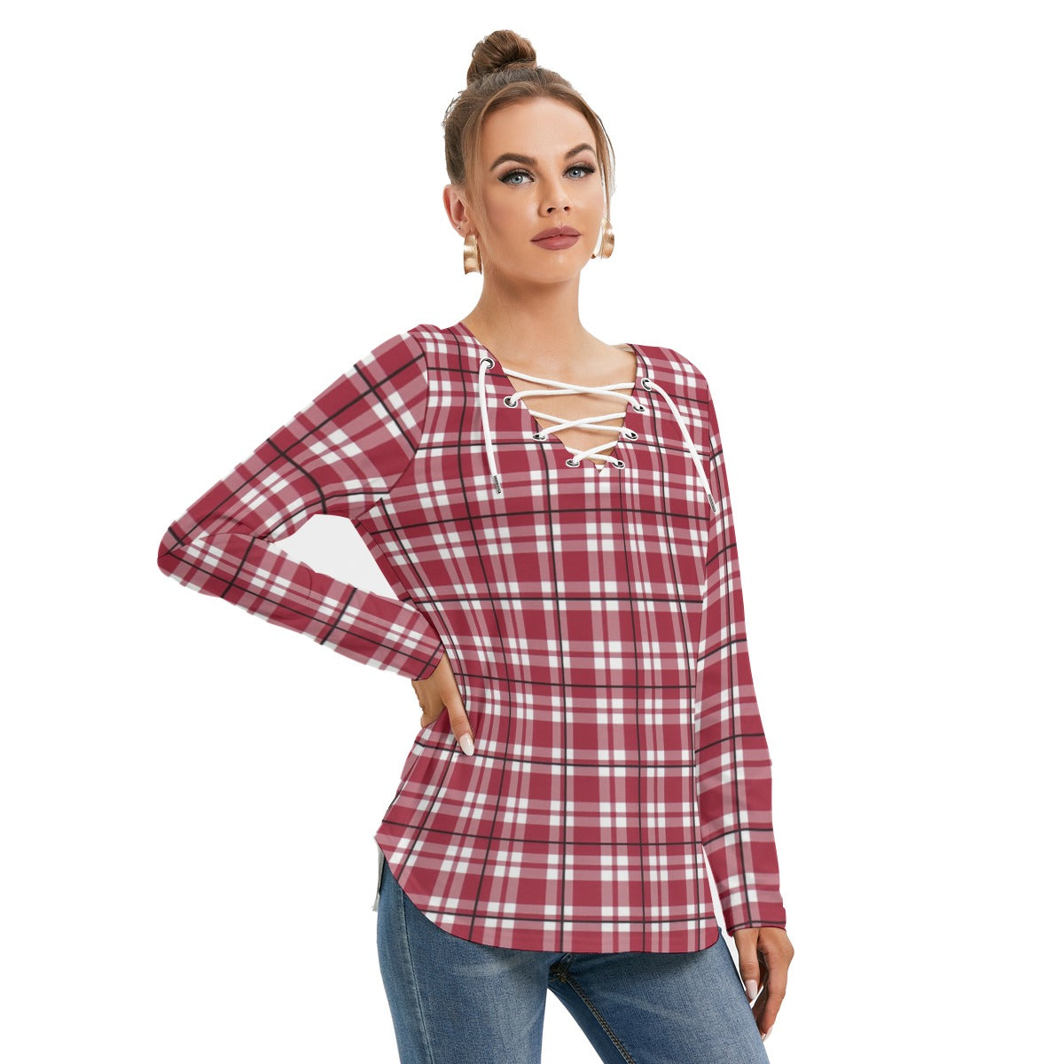 Alabama Crimson Tide Tartan Plaid Crimson White Women's Long Sleeve Neckline Tie Sweatshirt streetwear fashion product image 4