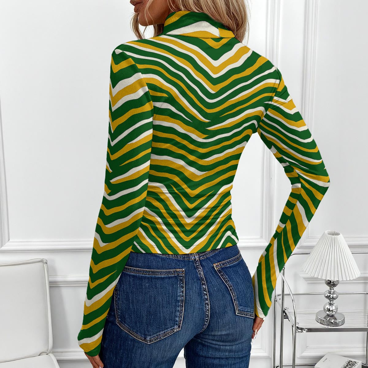 Green Bay Football Yellow Green Women’s High-Neck Long Sleeve Top – Game Day Streetwear