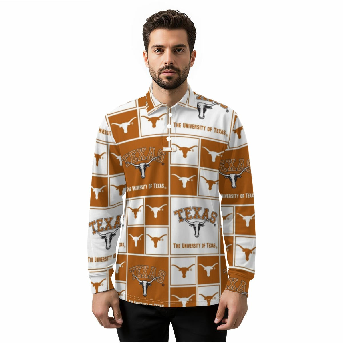 Texas at Austin - Longhorns Men's Long Sleeve Polo Shirt – lightweight game day shirt, football shirt, image 1.0