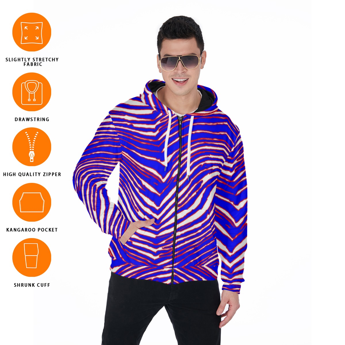 Buffalo Football Zip Up Hoodie With Pocket – Red Blue White Zebra Game Day Style