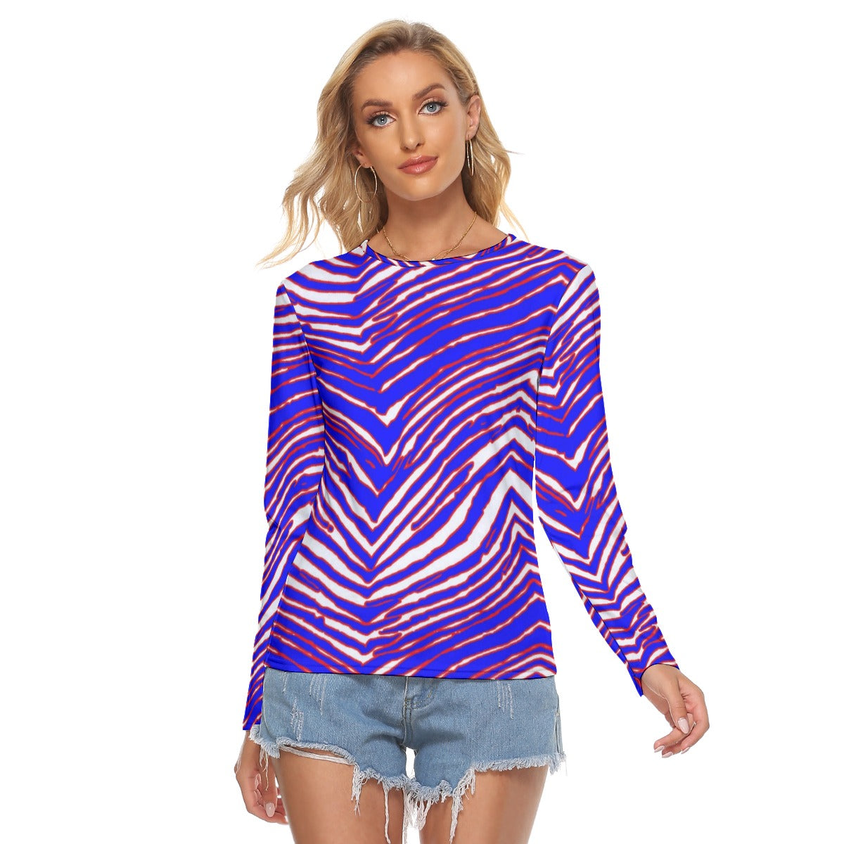 Buffalo football  Women's Stretchable long Sleeve Top – Red Blue White Zebra Game Day Style