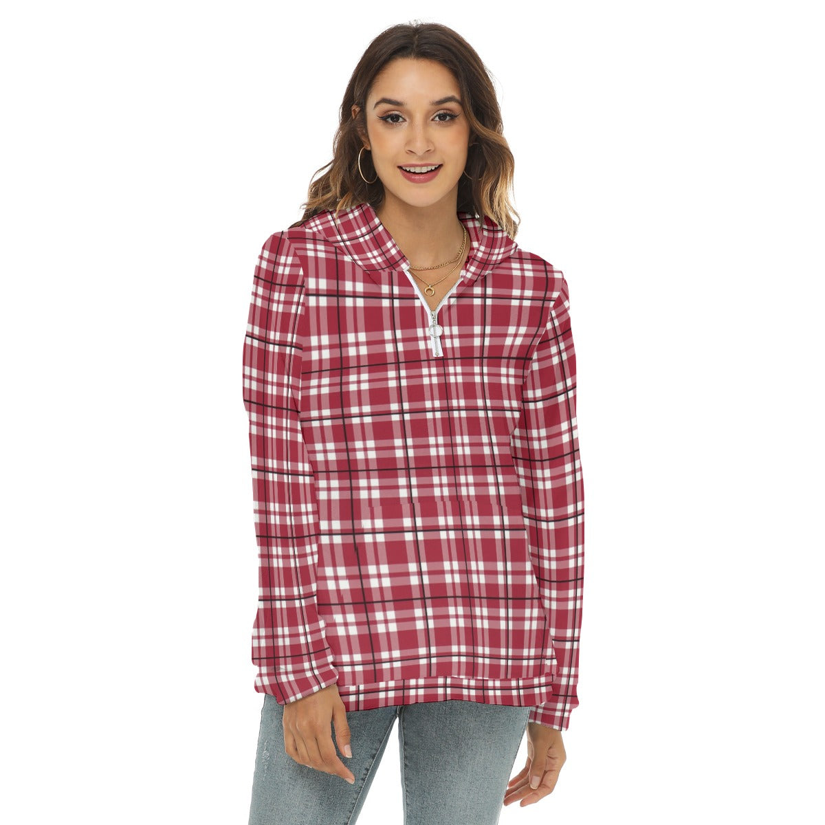 Alabama Crimson Tide Tartan Plaid Crimson White Women's Borg Fleece Hoodie With Half Zip
