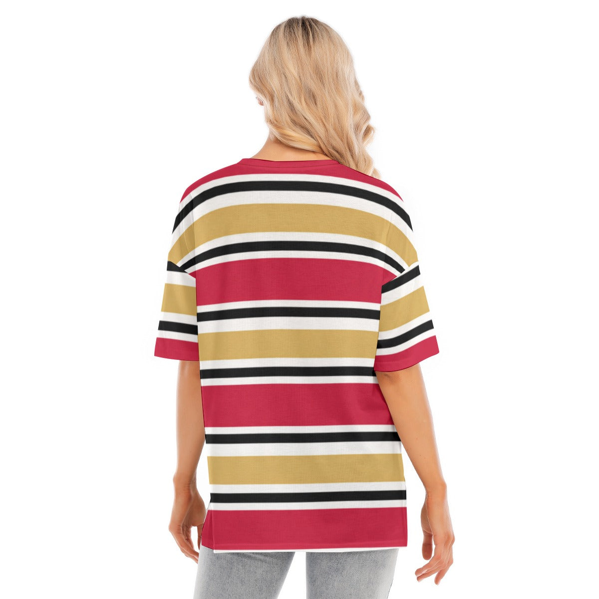White Smoke San Francisco Football Striped Women’s T-Shirt with Hem Split – Red and Gold Game Day Top
