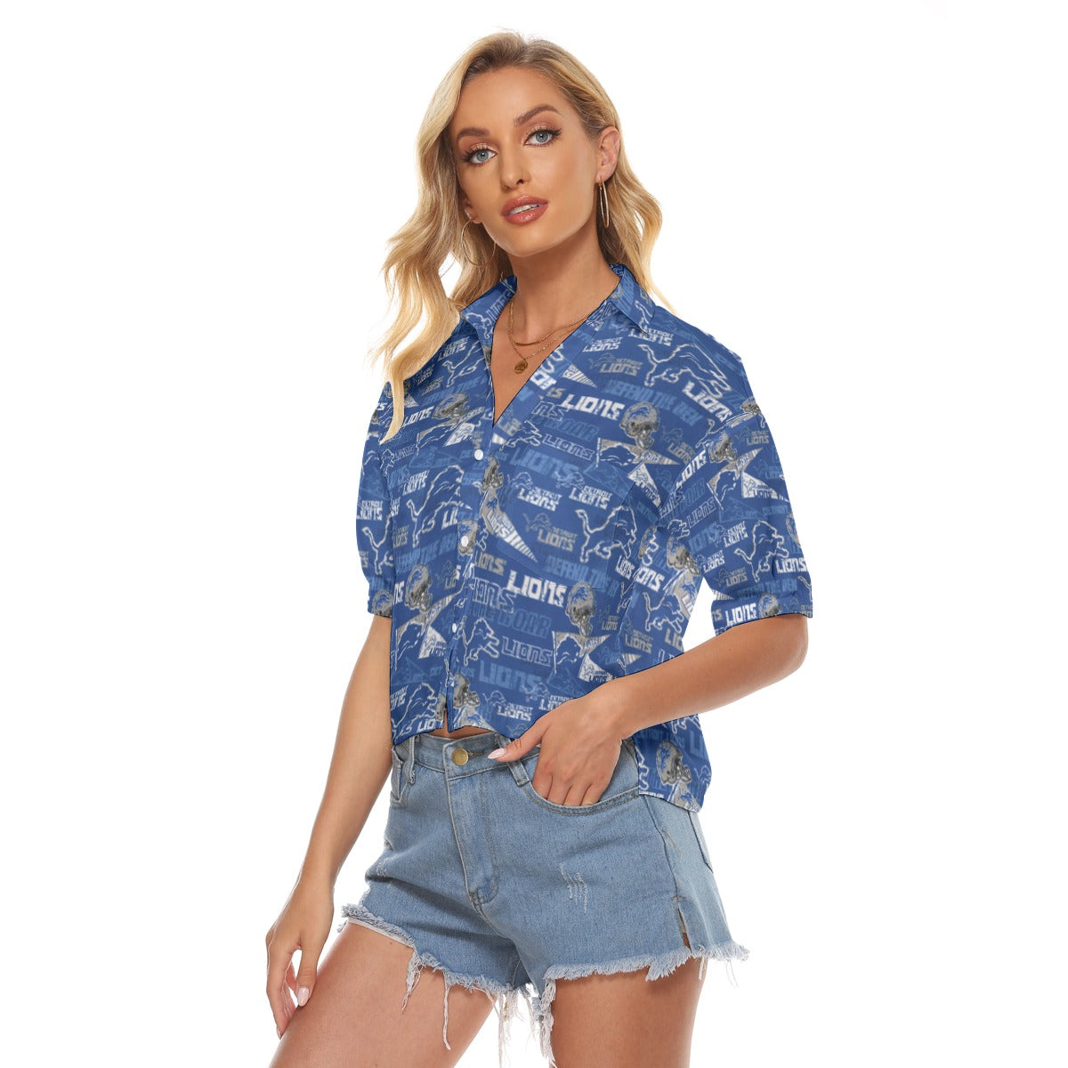 detroit-lions-womens-v-neck-shirts blue silver football side view casual fit