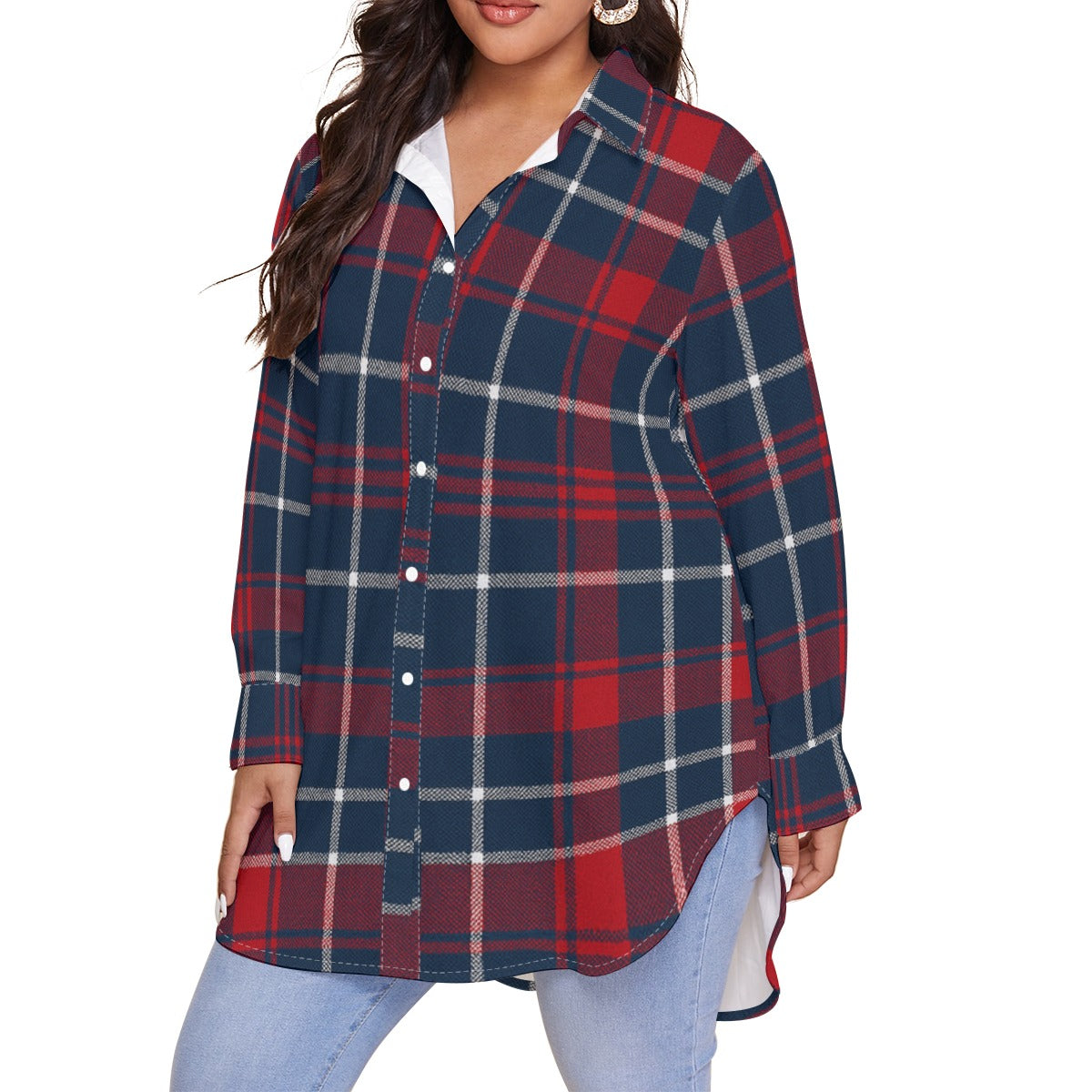 Arizona Wildcats Tartan Plaid Navy Red Women's Shirt With Long Sleeve(Plus Size) streetwear fashion product image 2