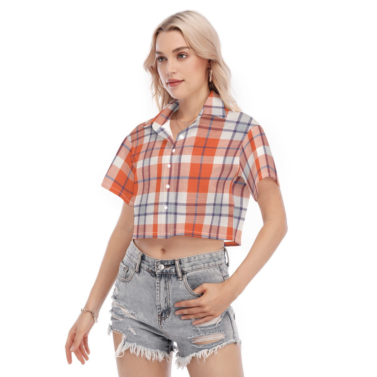 auburn tigers tartan plaid orange navy women's cropped shirt women tartan plaid game day shirt
