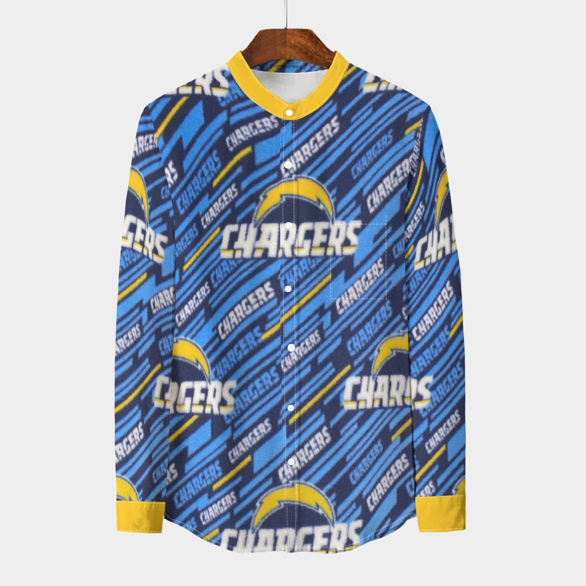Los Angeles Chargers Men's Stand Collar Shirt With Long Sleeve|110GSM Imitation Flax powder blue yellow football back view game day look