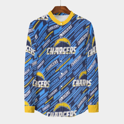 Los Angeles Chargers Men's Stand Collar Shirt With Long Sleeve|110GSM Imitation Flax powder blue yellow football back view game day look