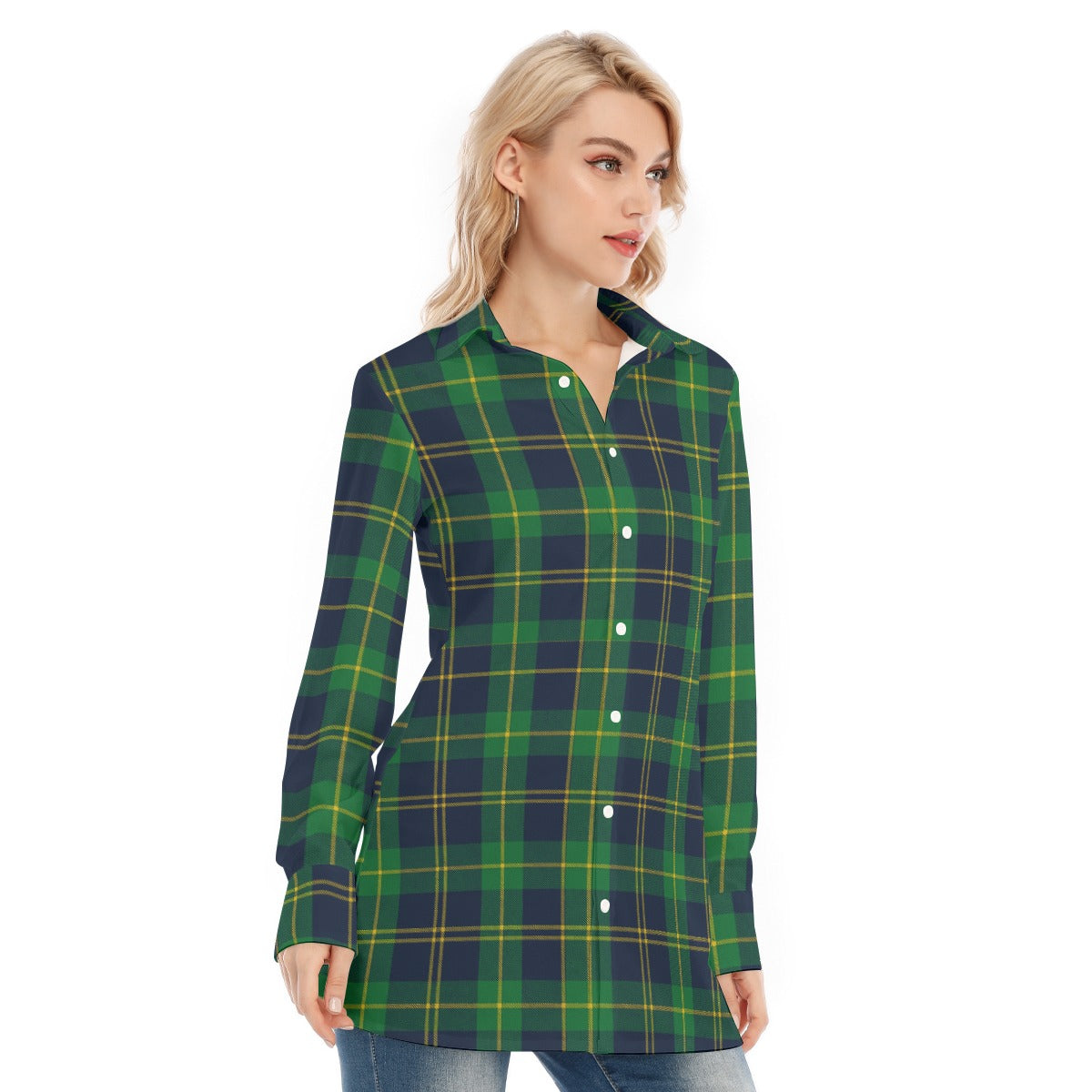 Notre Dame Fighting Irish Green Navy Gold Plaid Womens Long Shirt 115Gsm Cotton Poplin 8 green navy gold plaid women fashion apparel